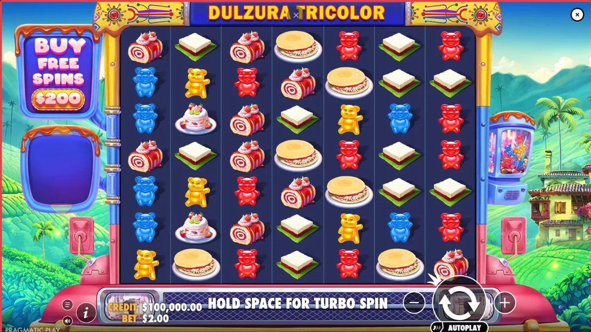 Tampilan visual slot Dulzura Tricolor dengan tema tropis dan simbol kue manis.