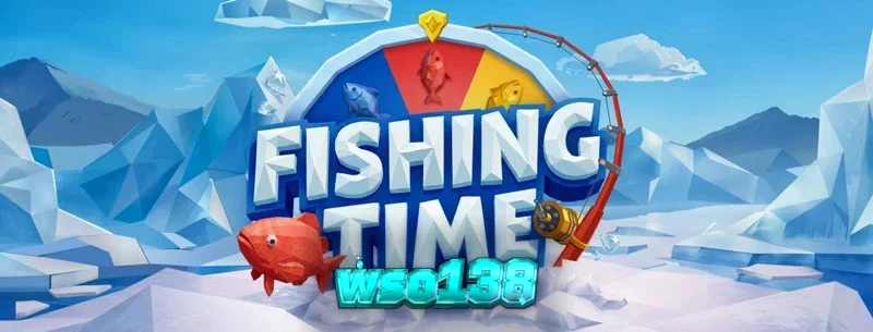 Tampilan visual game Fishing Time dari BGaming dengan tema memancing musim dingin.